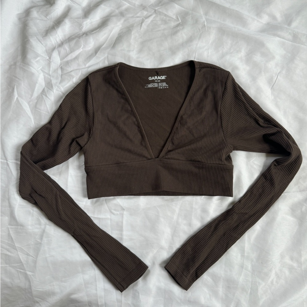 Garage Deep Brown Ribbed V-Neck Crop Top Size Xs